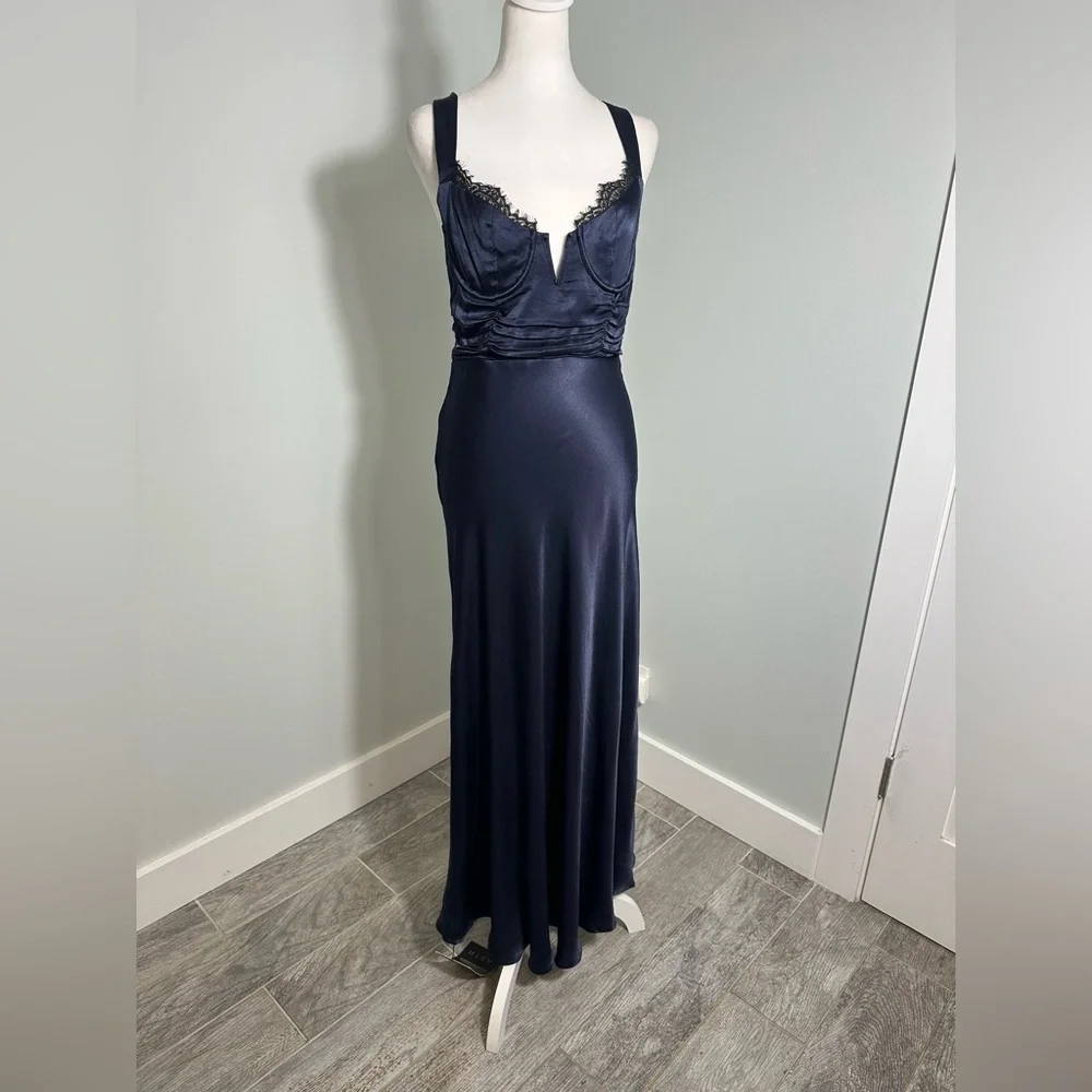 NEW Astr Aeris Satin Lace Trim Maxi Dress Navy Sz Medium Bustier Corset Feminine - Picture 3 of 17